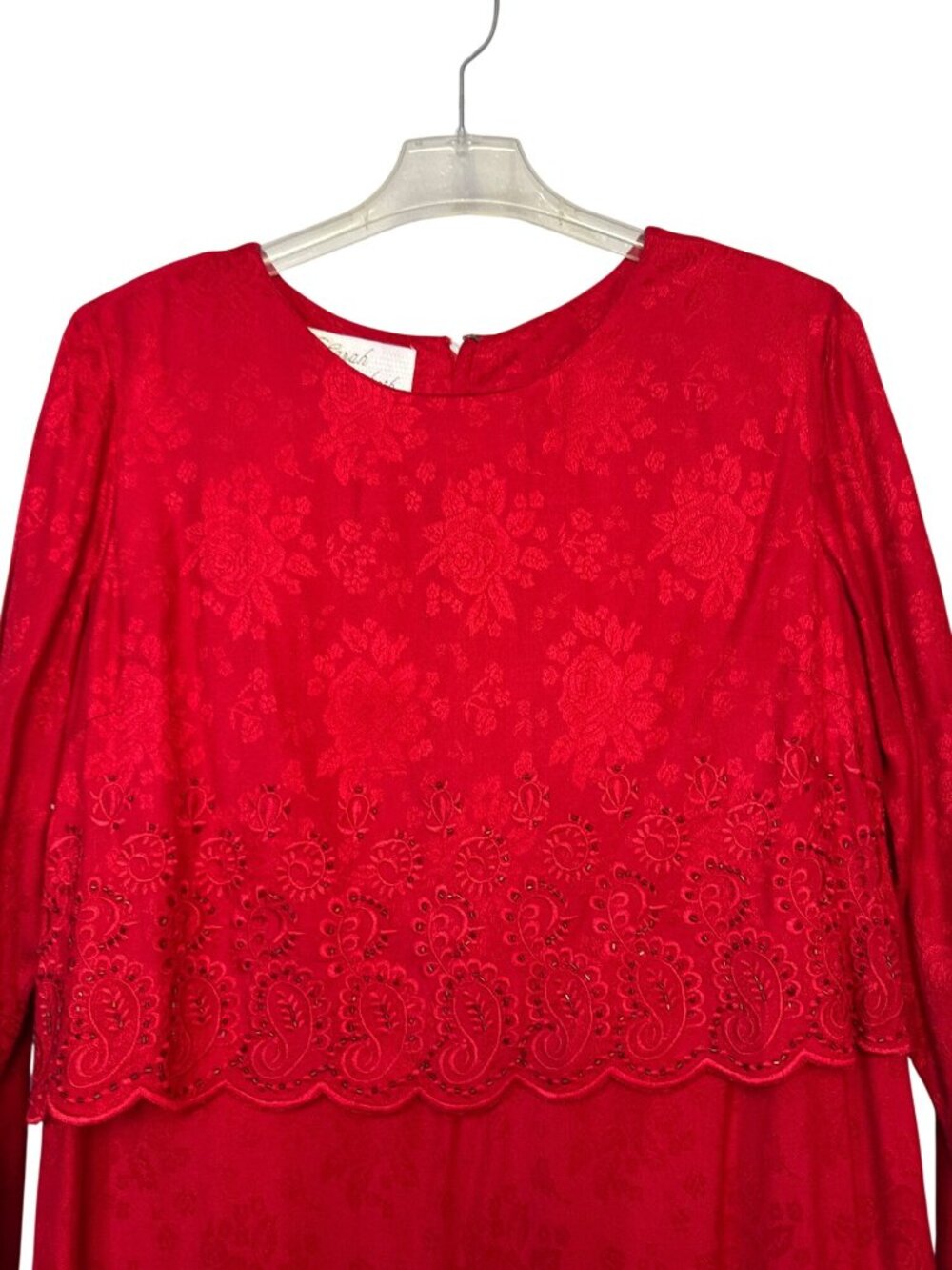 Sarah Elizabeth Size 14 Long Sleeve Red Dress Floral Lace Beaded Bodice - Picture 2 of 6